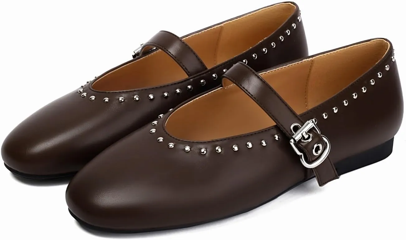 Women's Mary Jane Flats Studded Comfortable Ballet Flat Dressy Casual Ballerina Shoes