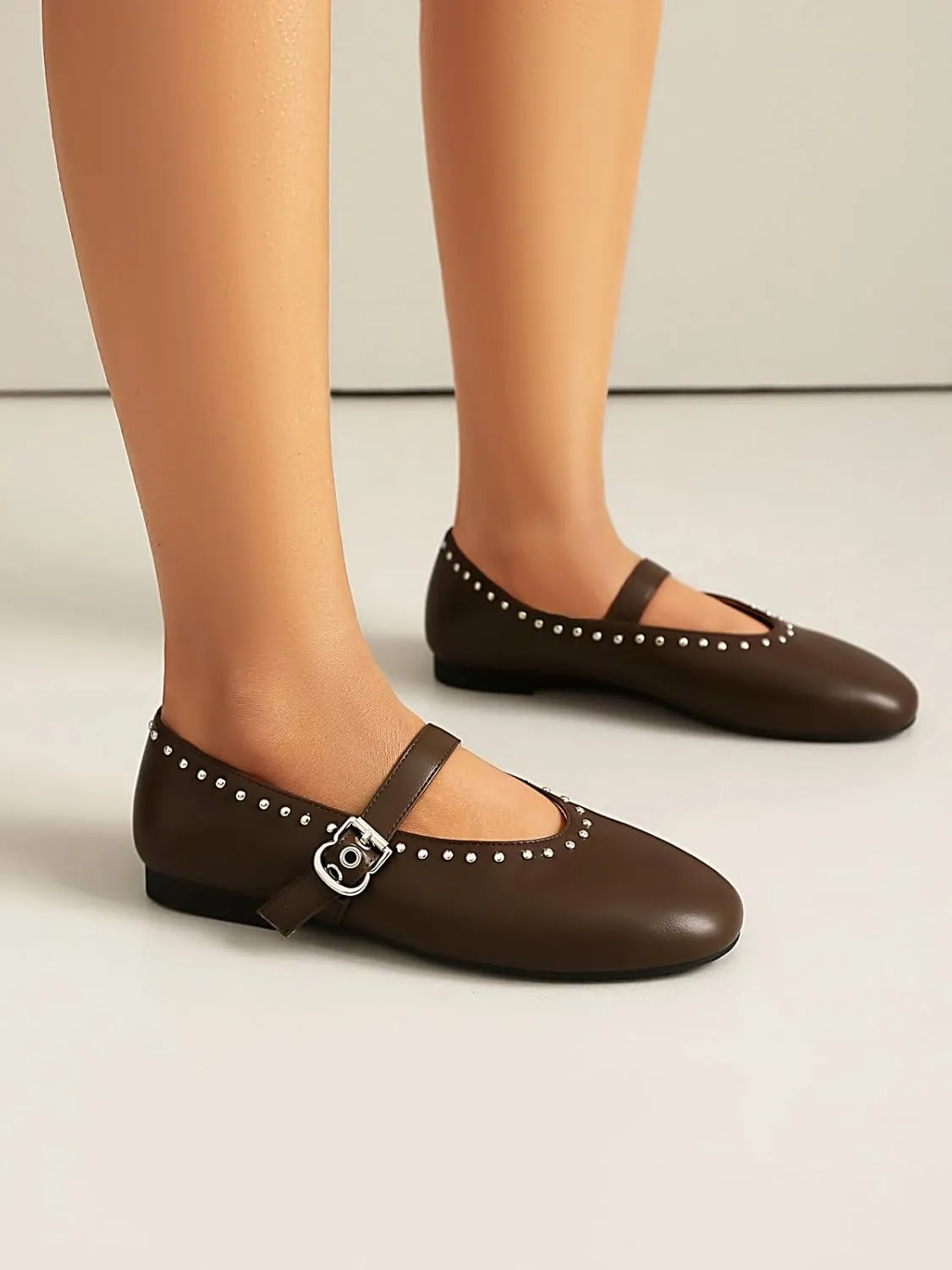 Women's Mary Jane Flats Studded Comfortable Ballet Flat Dressy Casual Ballerina Shoes