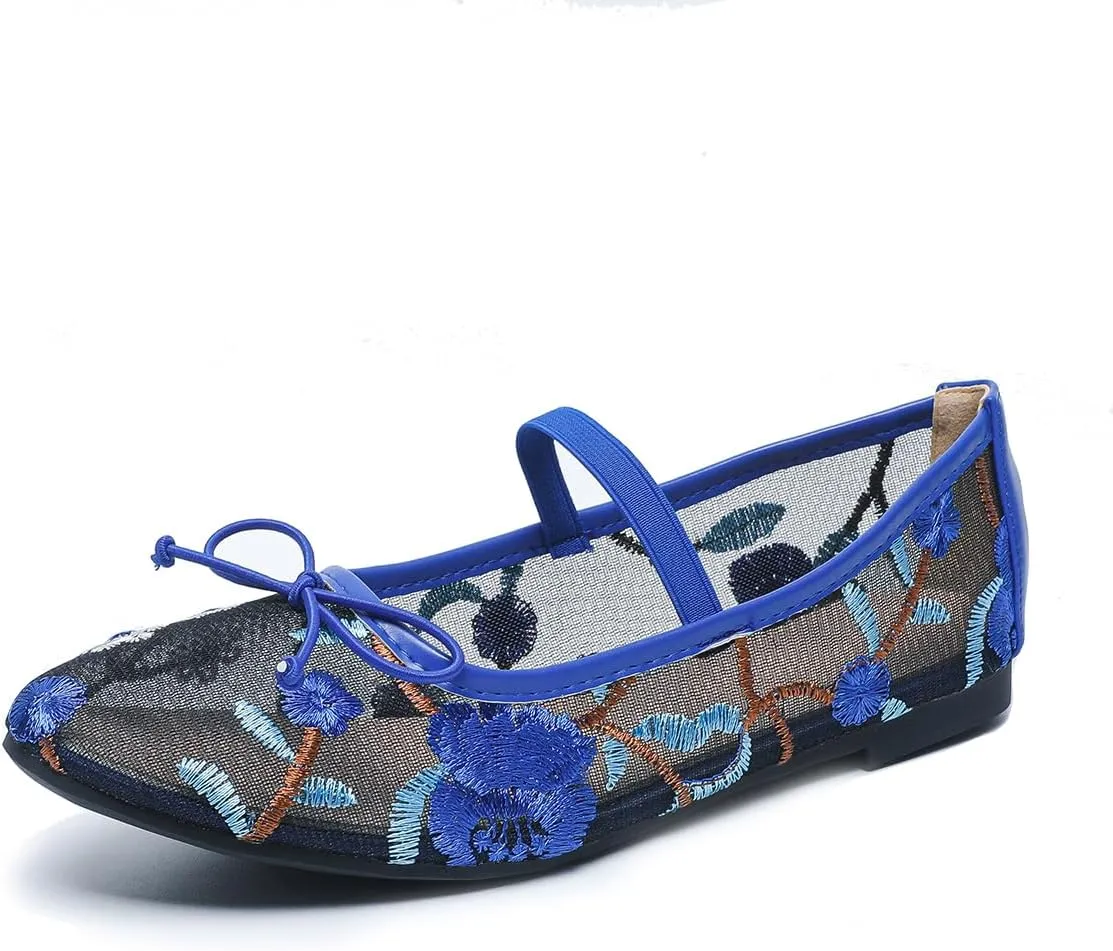 Women's Mesh Flat Mary Janes Embroidered Floral Buckled Strap Flats Casual Comfortable Round Toe Ballerina Shoes