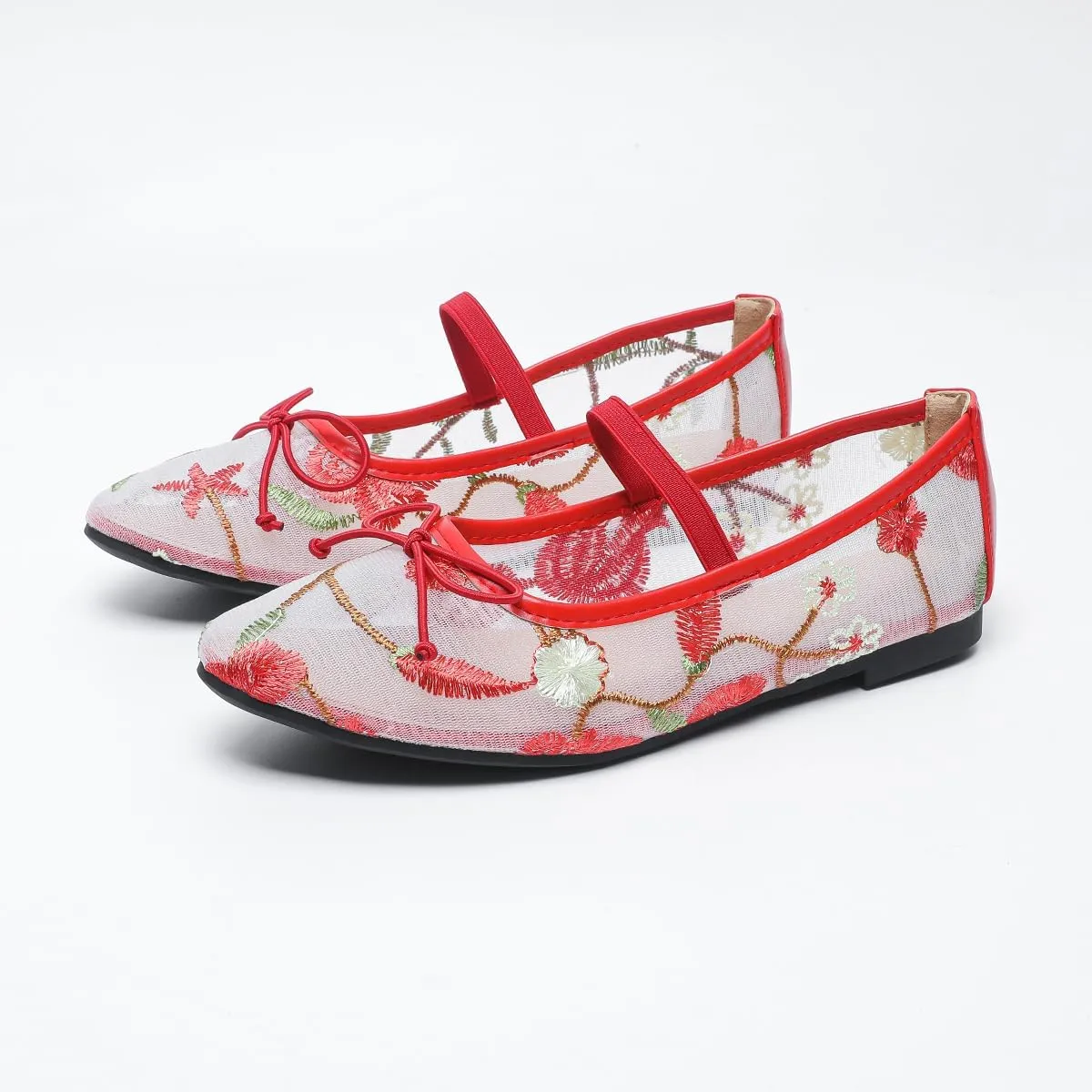 Women's Mesh Flat Mary Janes Embroidered Floral Buckled Strap Flats Casual Comfortable Round Toe Ballerina Shoes