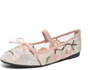 Women's Mesh Flat Mary Janes Embroidered Floral Buckled Strap Flats Casual Comfortable Round Toe Ballerina Shoes