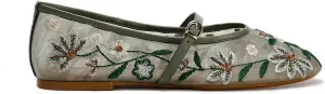 Women's Mesh Flat Mary Janes Embroidered Floral Buckled Strap Flats Casual Comfortable Round Toe Ballerina Shoes