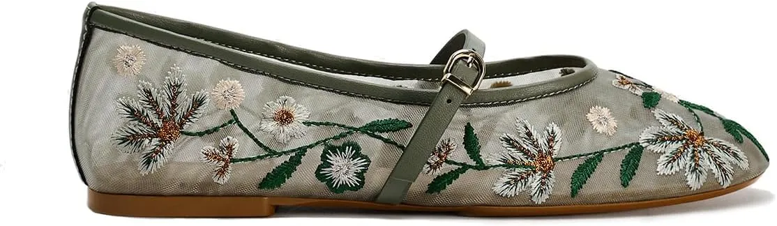 Women's Mesh Flat Mary Janes Embroidered Floral Buckled Strap Flats Casual Comfortable Round Toe Ballerina Shoes