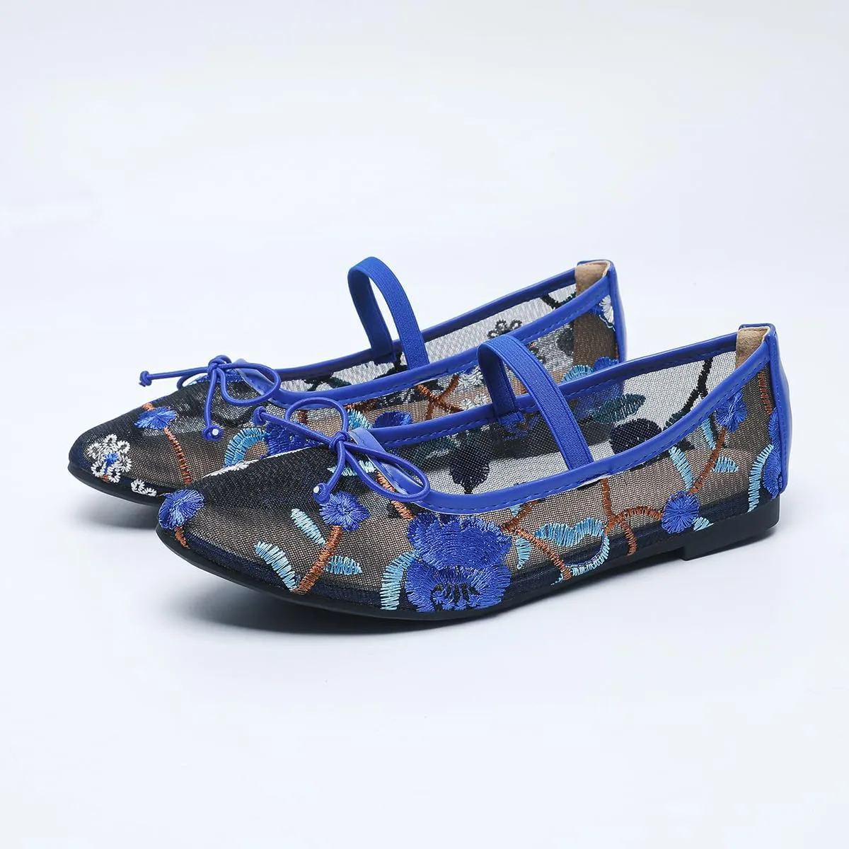 Women's Mesh Flat Mary Janes Embroidered Floral Buckled Strap Flats Casual Comfortable Round Toe Ballerina Shoes