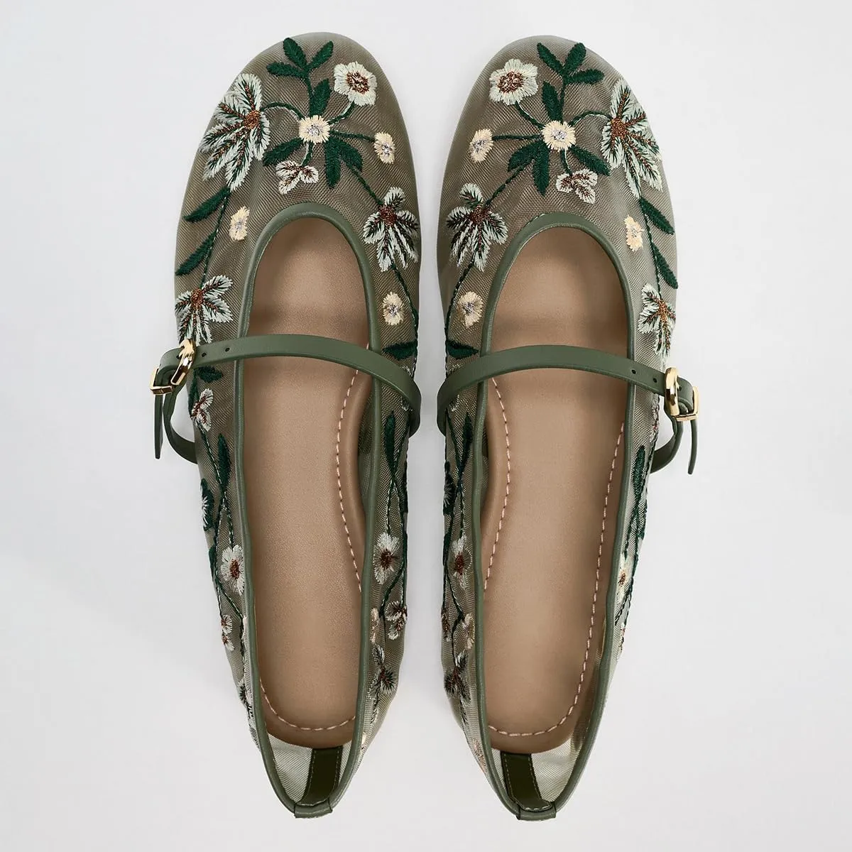Women's Mesh Flat Mary Janes Embroidered Floral Buckled Strap Flats Casual Comfortable Round Toe Ballerina Shoes