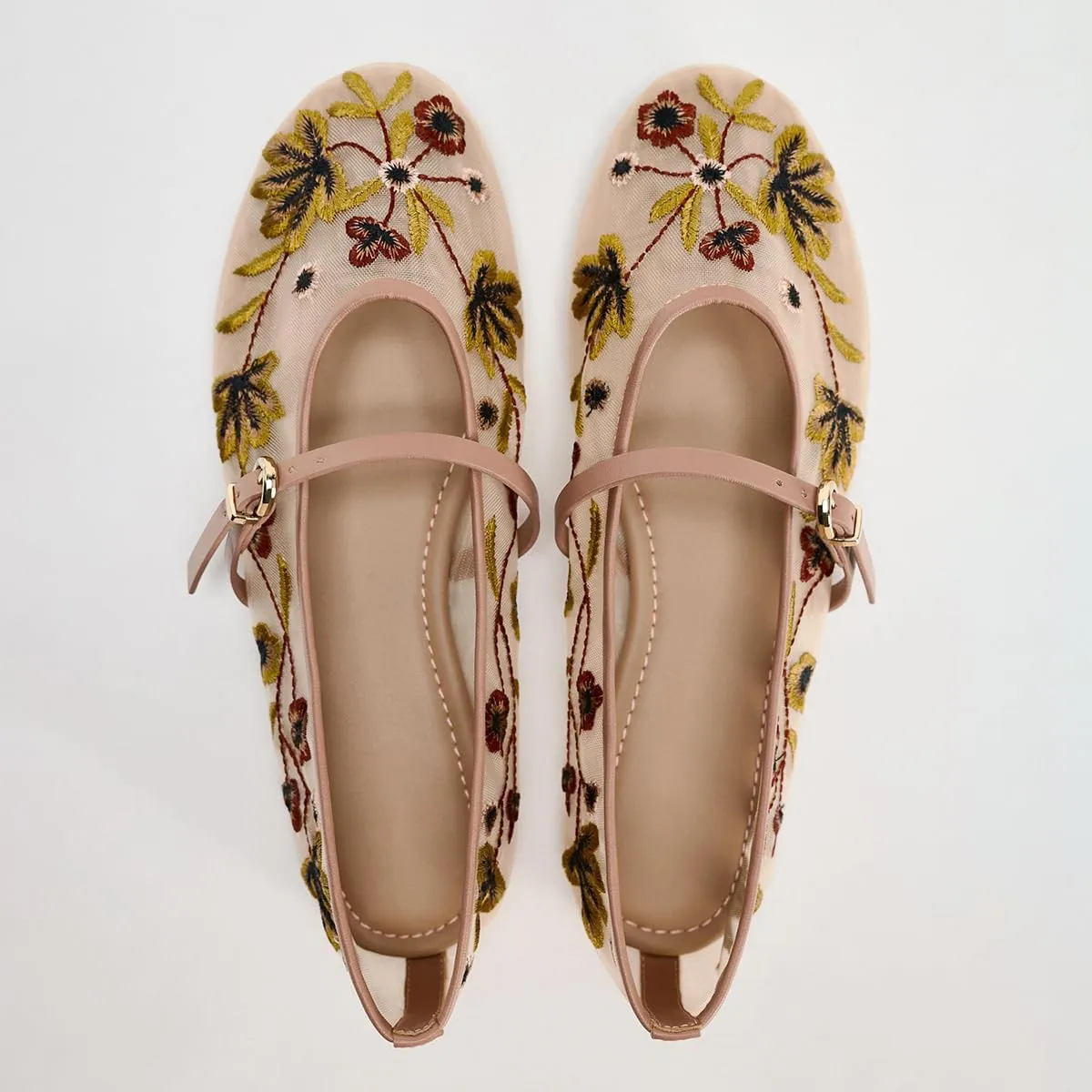 Women's Mesh Flat Mary Janes Embroidered Floral Buckled Strap Flats Casual Comfortable Round Toe Ballerina Shoes