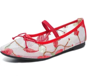 Women's Mesh Flat Mary Janes Embroidered Floral Buckled Strap Flats Casual Comfortable Round Toe Ballerina Shoes