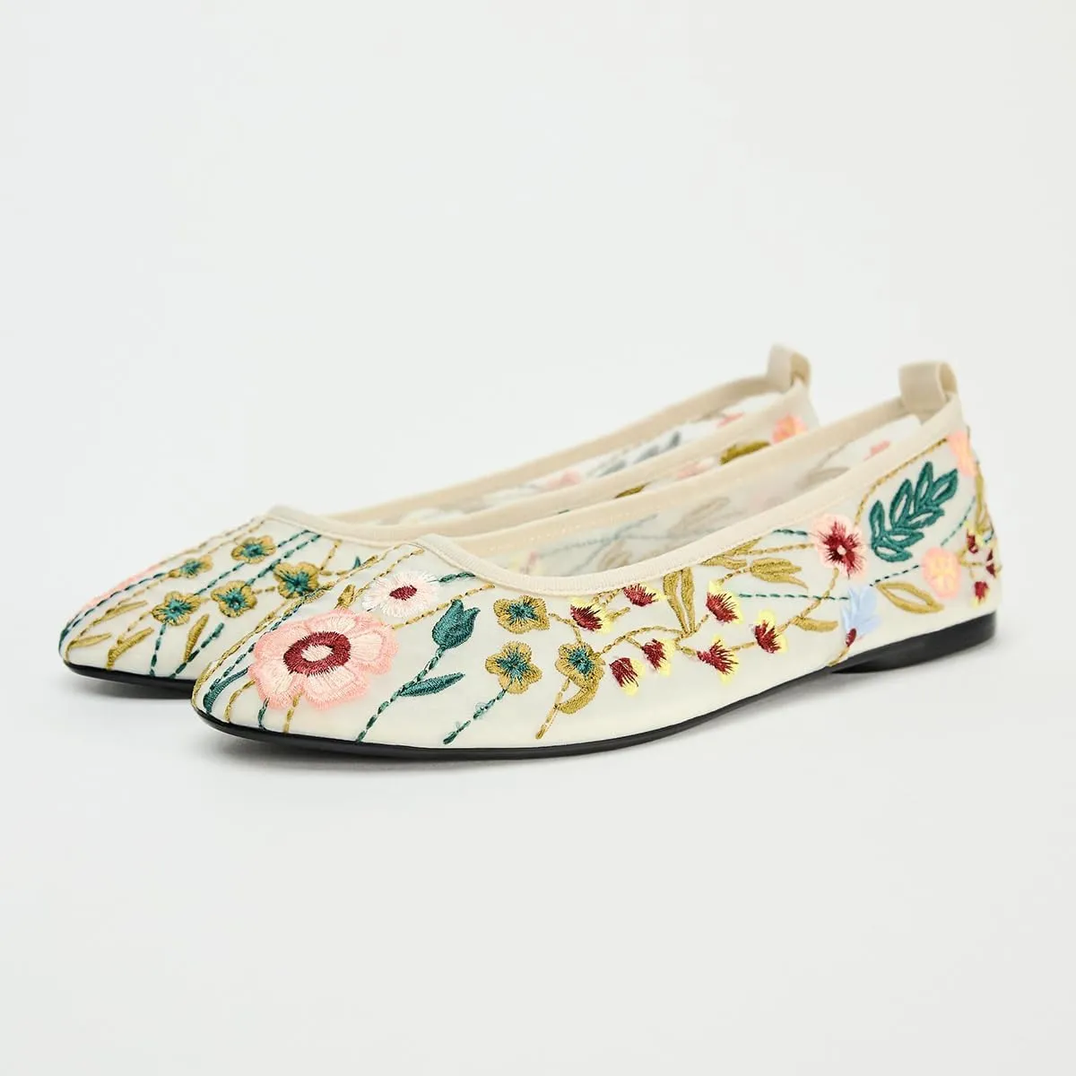 Women's Mesh Flat Mary Janes Embroidered Floral Flats Casual Comfortable Round Toe Back Pull tab Ballerina Shoes