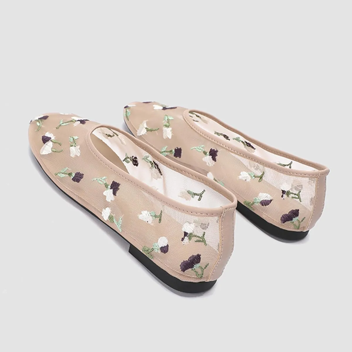 Women's Mesh Flat Mary Janes Embroidered Floral Flats Casual Comfortable Round Toe Back Pull tab Ballerina Shoes