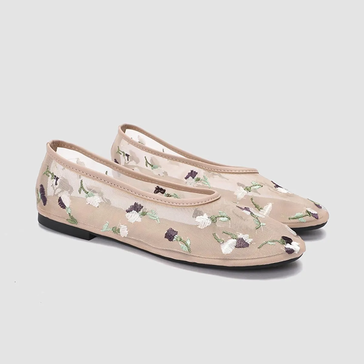 Women's Mesh Flat Mary Janes Embroidered Floral Flats Casual Comfortable Round Toe Back Pull tab Ballerina Shoes