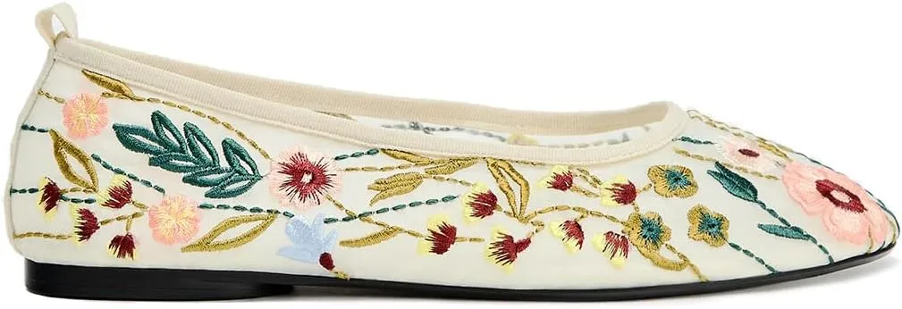 Women's Mesh Flat Mary Janes Embroidered Floral Flats Casual Comfortable Round Toe Back Pull tab Ballerina Shoes