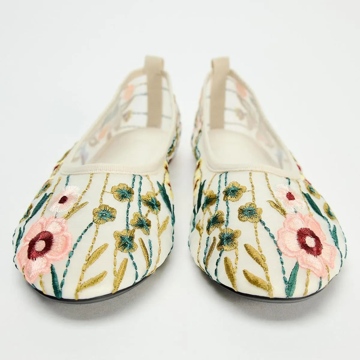 Women's Mesh Flat Mary Janes Embroidered Floral Flats Casual Comfortable Round Toe Back Pull tab Ballerina Shoes
