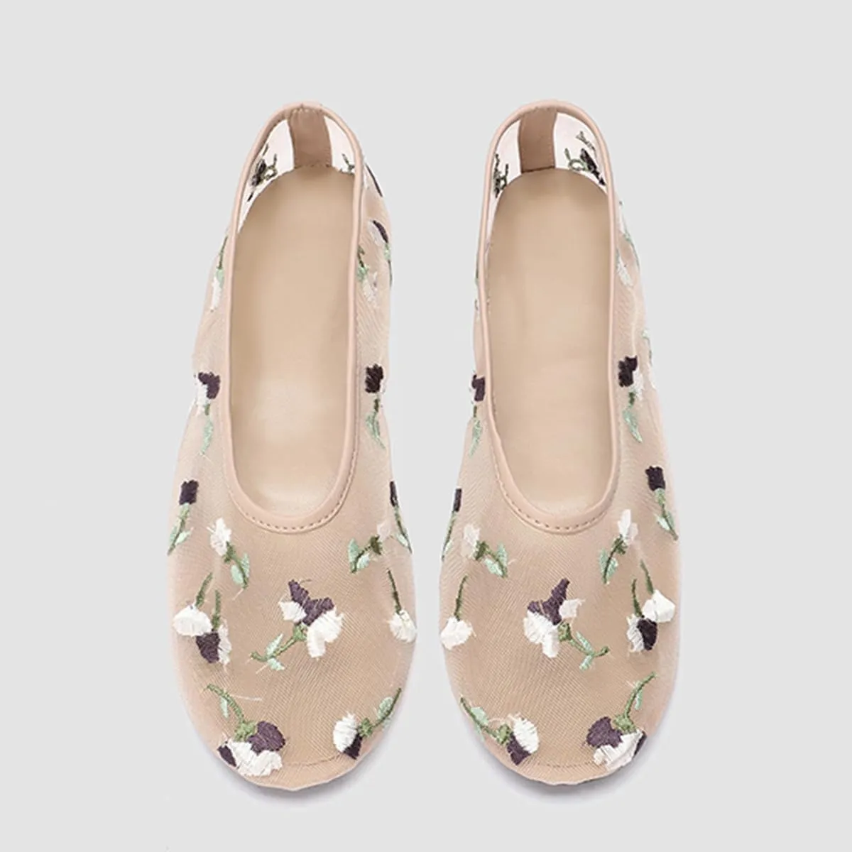 Women's Mesh Flat Mary Janes Embroidered Floral Flats Casual Comfortable Round Toe Back Pull tab Ballerina Shoes