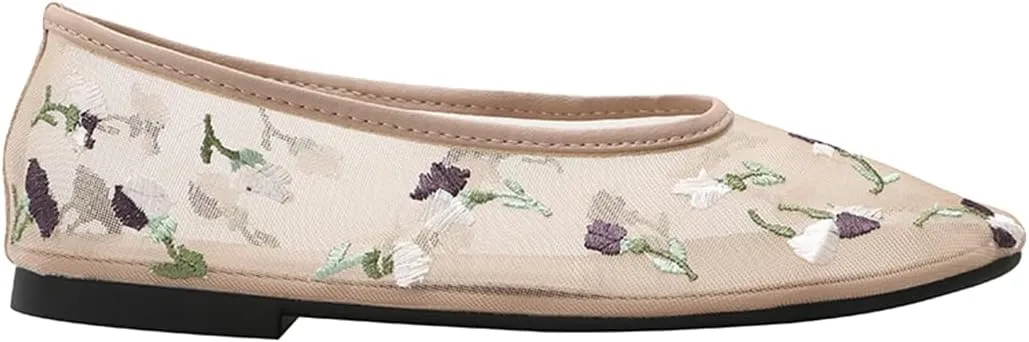 Women's Mesh Flat Mary Janes Embroidered Floral Flats Casual Comfortable Round Toe Back Pull tab Ballerina Shoes