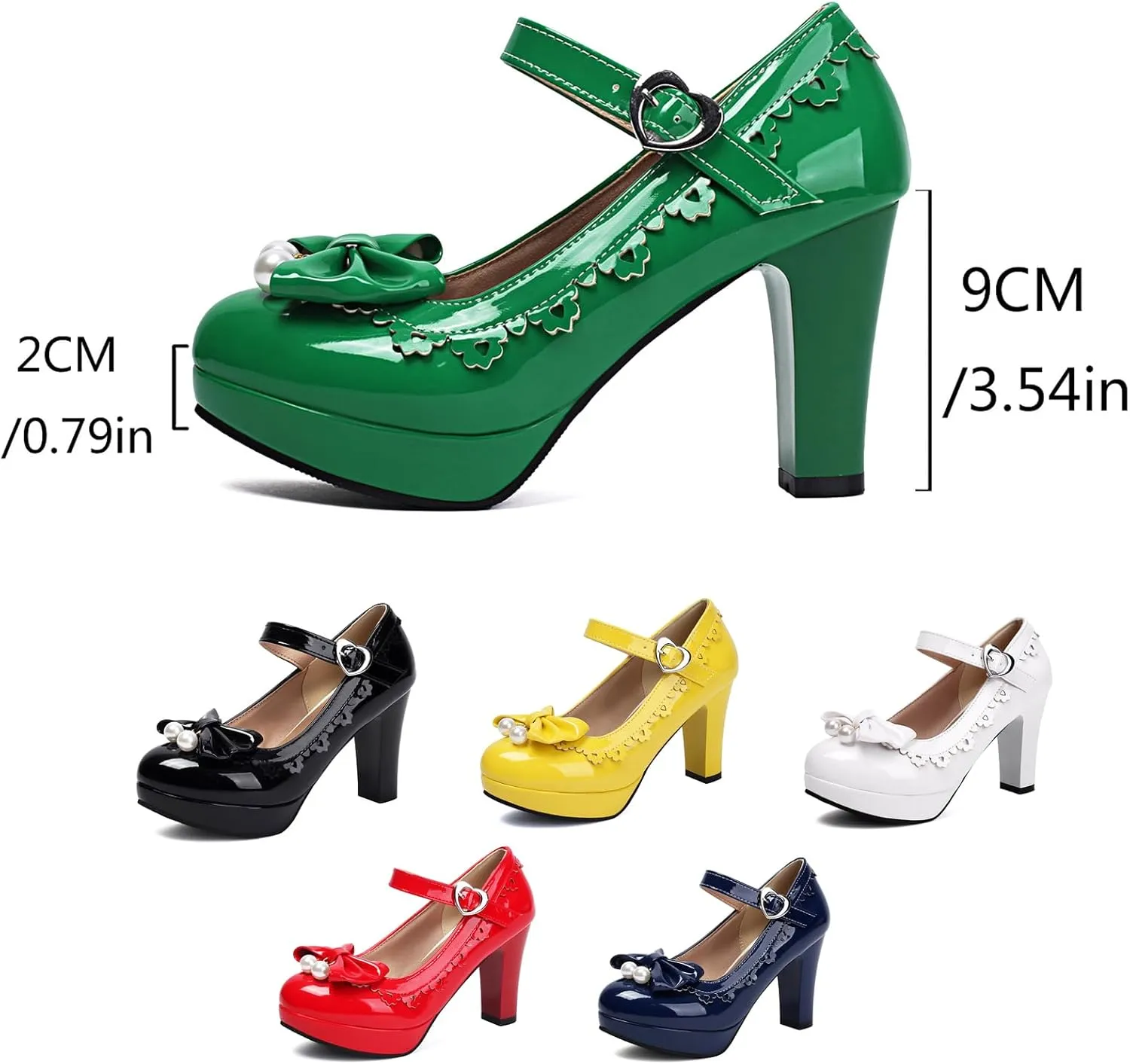 Women's Patent Leather Chunky Heel Lolita Mary Jane Cute Bow Pearl Round Toe Buckle Kawaii Party High Heels Fashion Dance Shoes