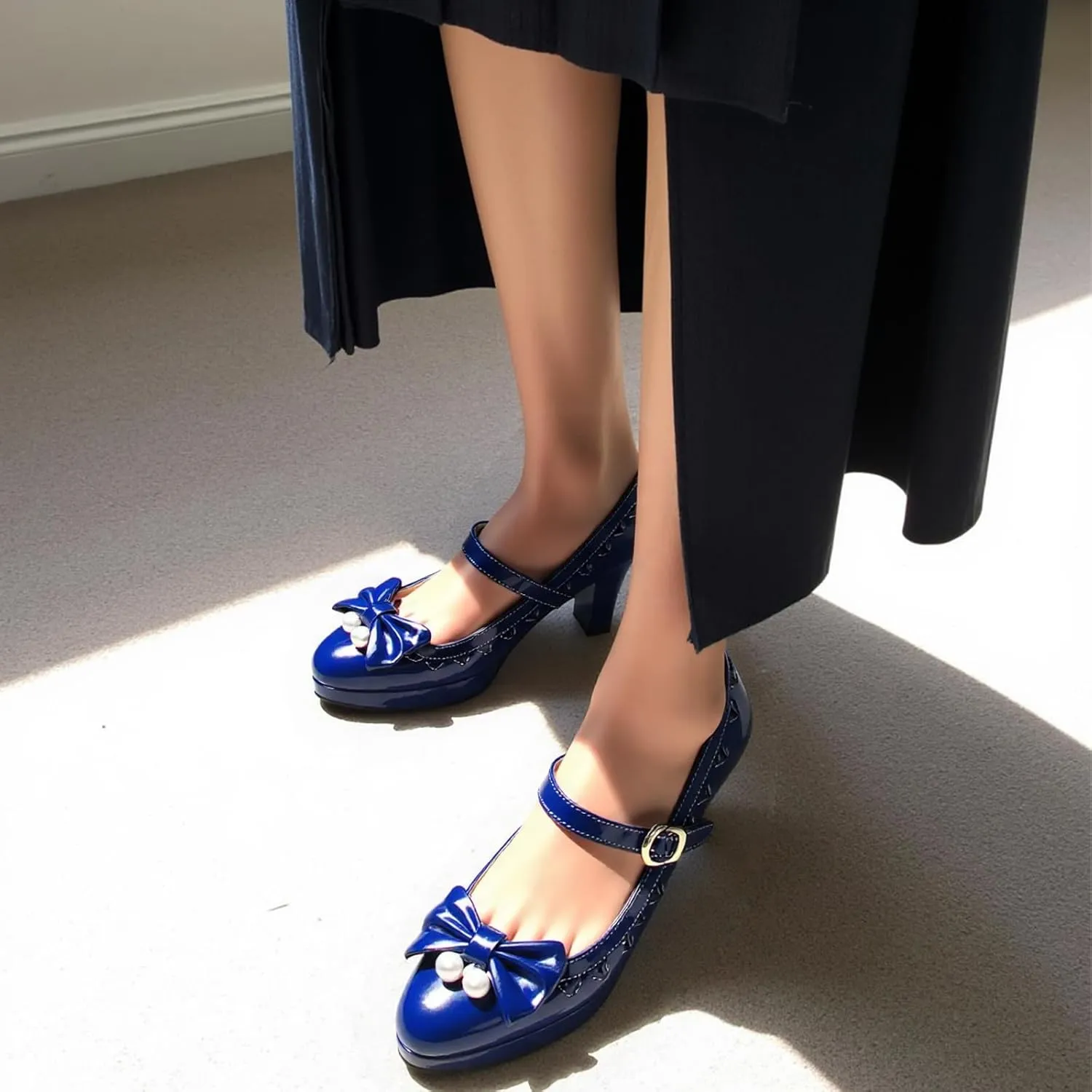 Women's Patent Leather Chunky Heel Lolita Mary Jane Cute Bow Pearl Round Toe Buckle Kawaii Party High Heels Fashion Dance Shoes