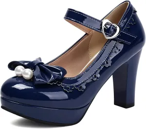 Women's Patent Leather Chunky Heel Lolita Mary Jane Cute Bow Pearl Round Toe Buckle Kawaii Party High Heels Fashion Dance Shoes