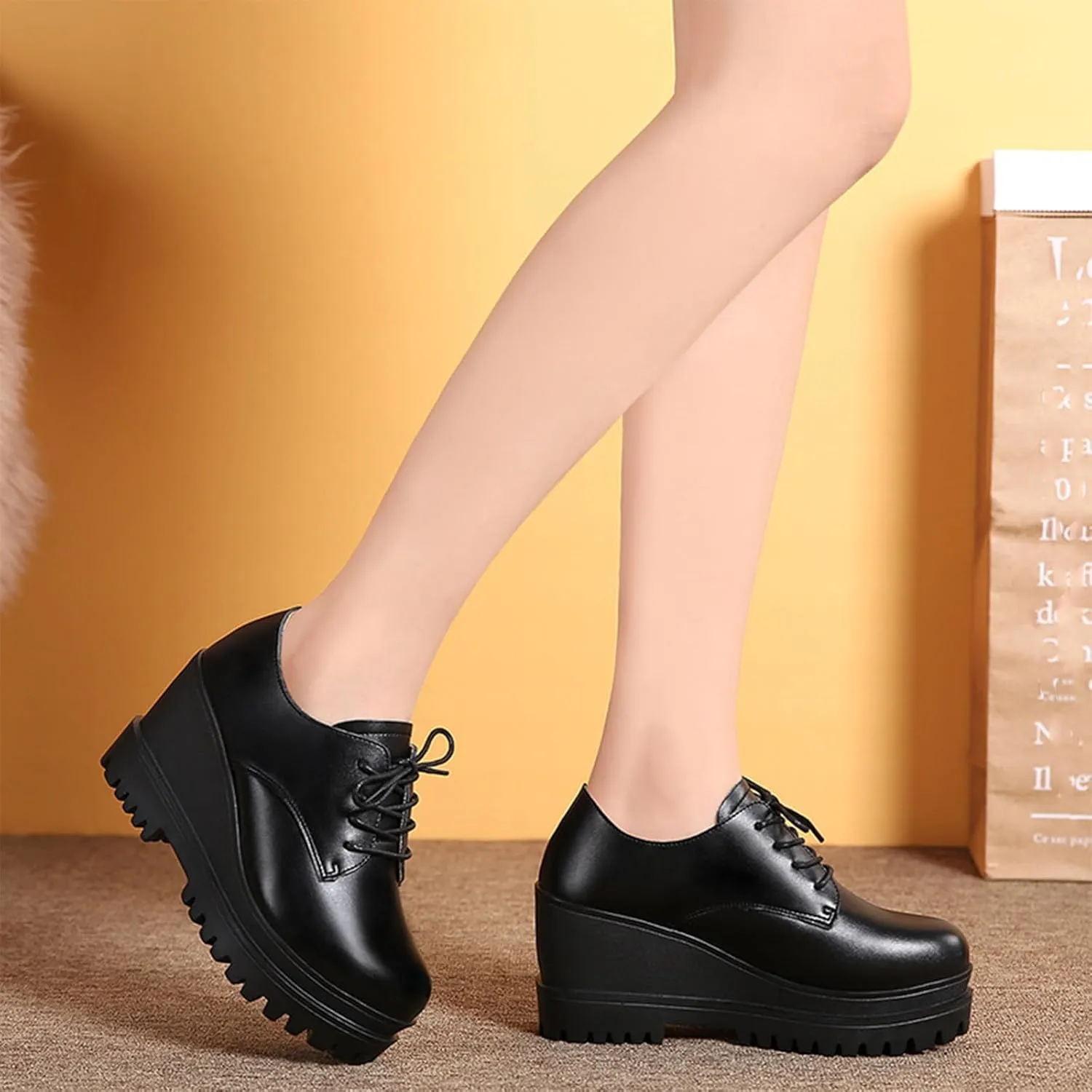 Women's Platform Wedge Loafers Classic Lace-Ups Chunky Dress Oxfords Comfortable Work Casual Shoes