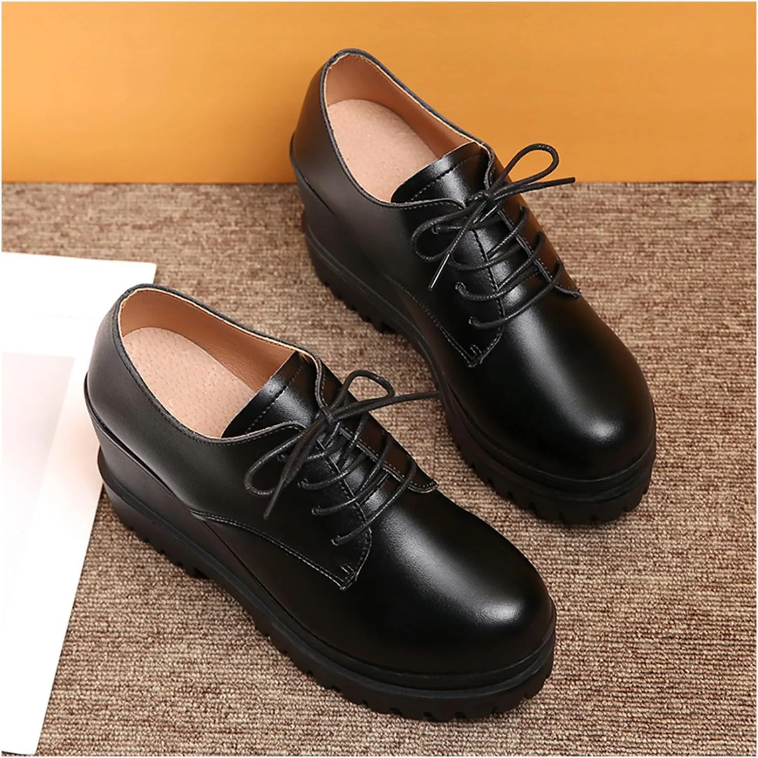 Women's Platform Wedge Loafers Classic Lace-Ups Chunky Dress Oxfords Comfortable Work Casual Shoes