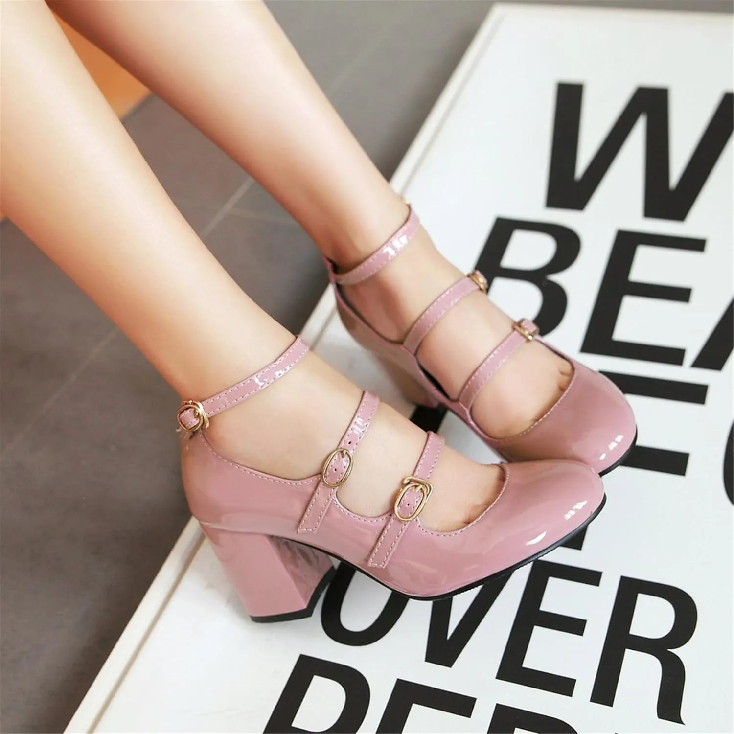 Women's Pointed Closed Toe Pumps Buckle Ankle Strap Loafers Comfortable Chunky High Heels Office Concise Cosplay Work Casual Mary Jane Daily Wear Fashion Business Dress Ballet Shoes