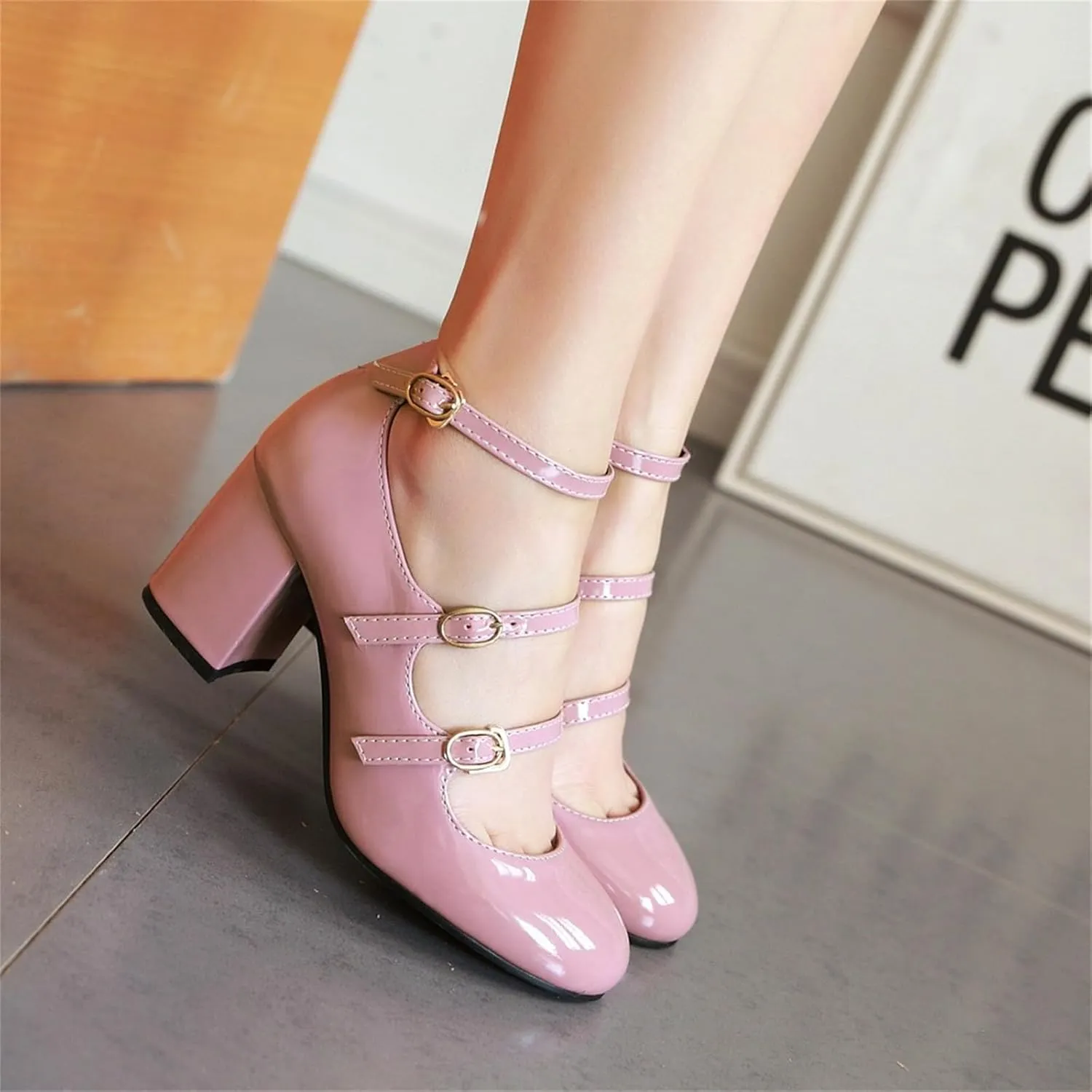Women's Pointed Closed Toe Pumps Buckle Ankle Strap Loafers Comfortable Chunky High Heels Office Concise Cosplay Work Casual Mary Jane Daily Wear Fashion Business Dress Ballet Shoes