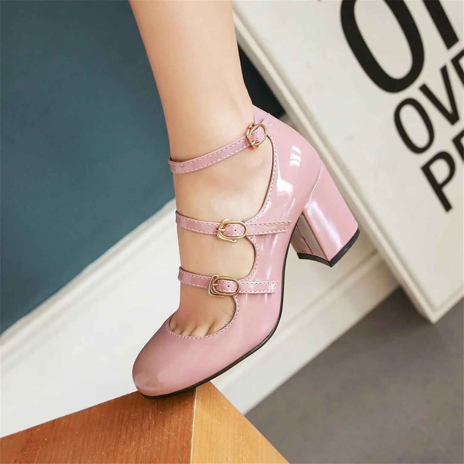 Women's Pointed Closed Toe Pumps Buckle Ankle Strap Loafers Comfortable Chunky High Heels Office Concise Cosplay Work Casual Mary Jane Daily Wear Fashion Business Dress Ballet Shoes