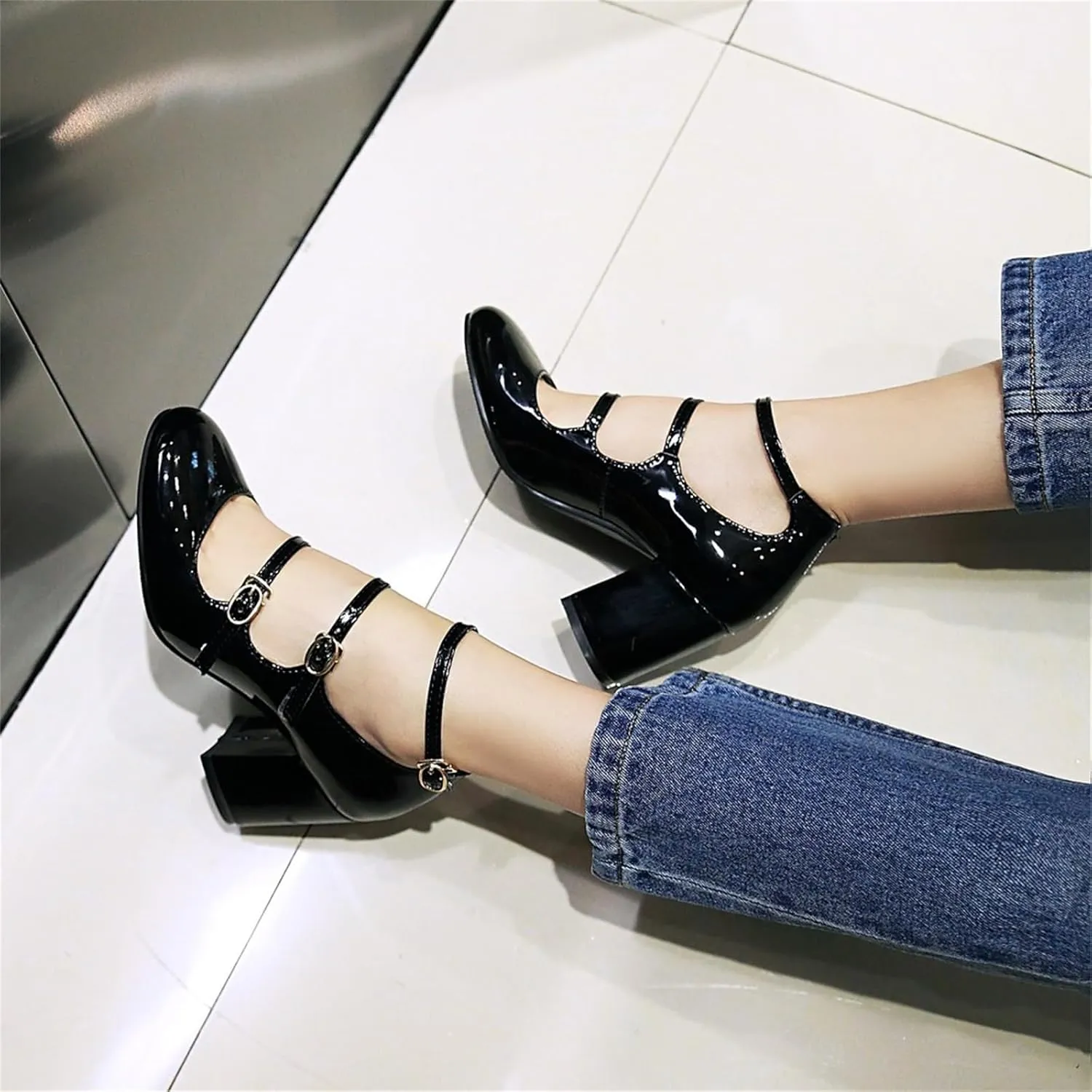 Women's Pointed Closed Toe Pumps Buckle Ankle Strap Loafers Comfortable Chunky High Heels Office Concise Cosplay Work Casual Mary Jane Daily Wear Fashion Business Dress Ballet Shoes