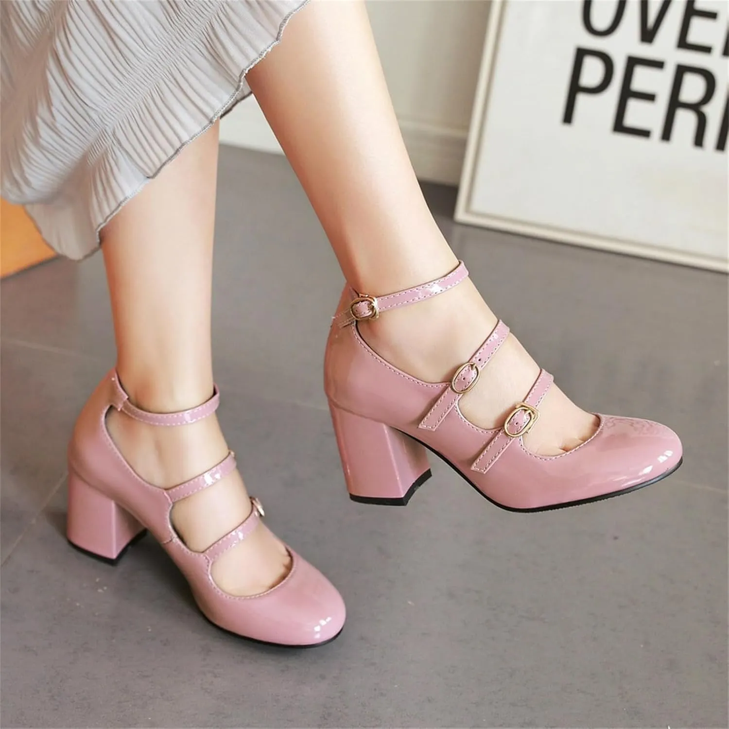 Women's Pointed Closed Toe Pumps Buckle Ankle Strap Loafers Comfortable Chunky High Heels Office Concise Cosplay Work Casual Mary Jane Daily Wear Fashion Business Dress Ballet Shoes