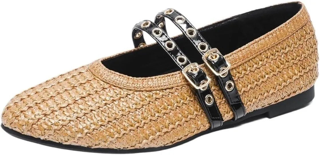 Women's Retro Cap Toe Flat Mary Janes Shoes Adjustable Buckle Comfortable Breathable Slip On Ballet Flats Soft Sole Casual Dress Shoes for Work Office Outdoor Walking