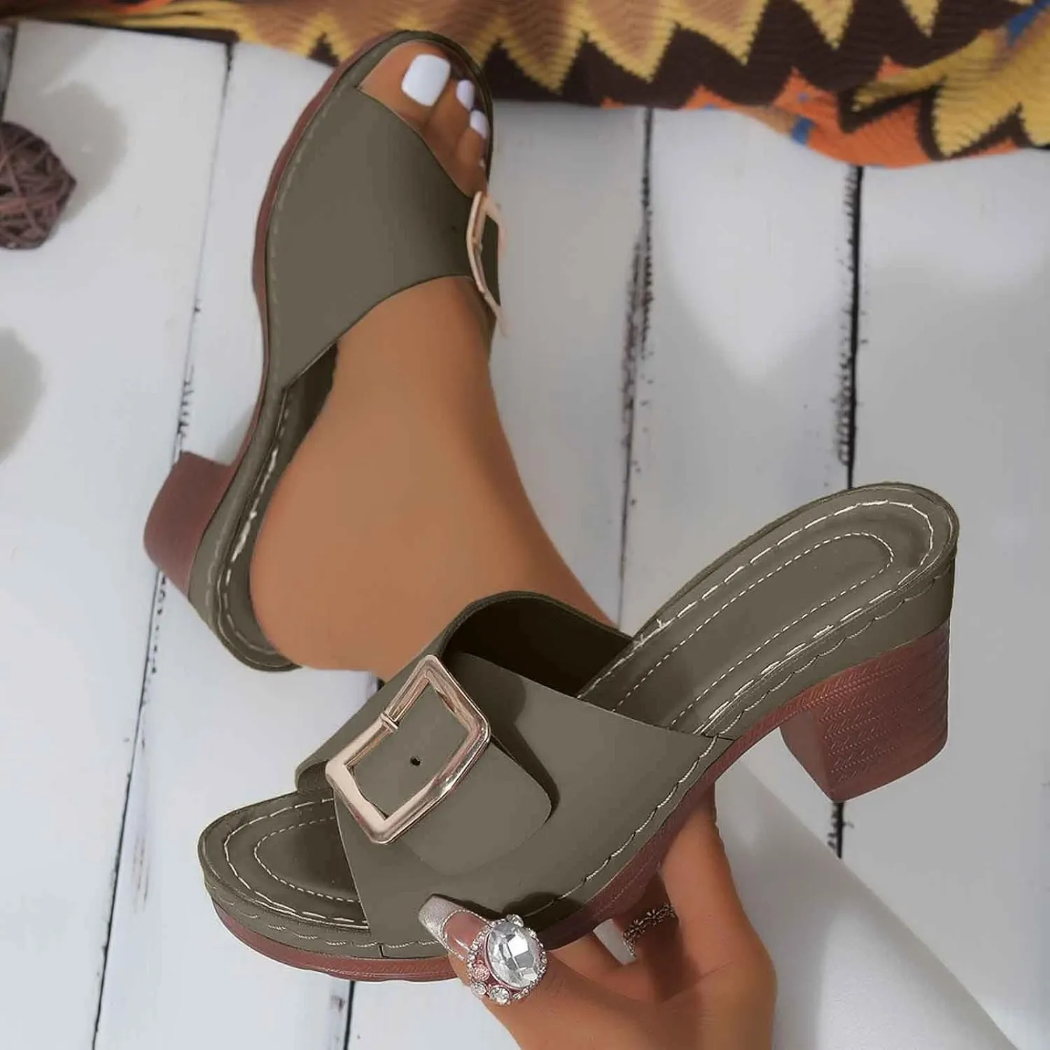 Women's Slide Heeled Sandals Opened Square Toe Chunky Block Heel Slippers with Buckle Slip on Long Womens Slippers