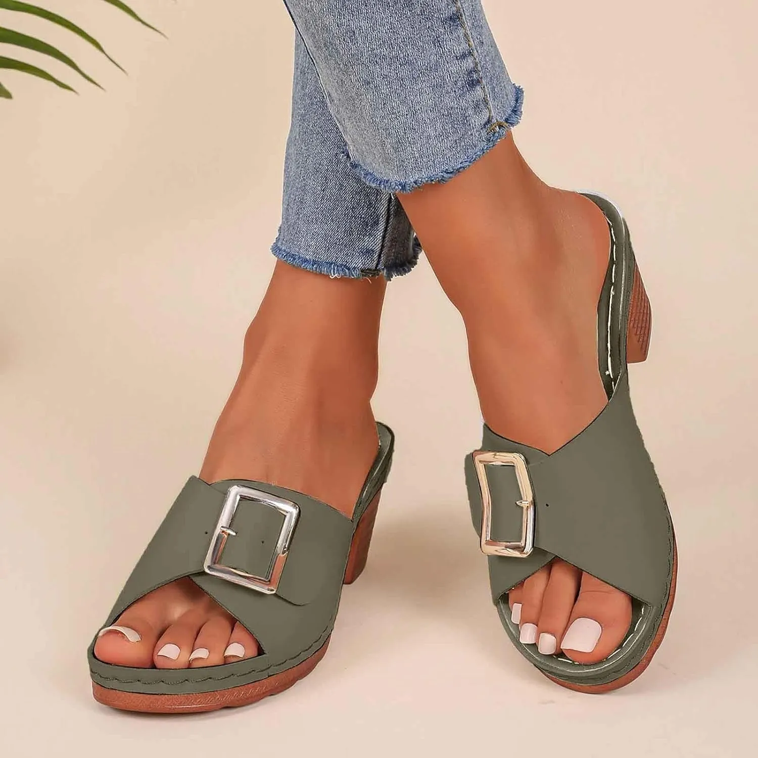 Women's Slide Heeled Sandals Opened Square Toe Chunky Block Heel Slippers with Buckle Slip on Long Womens Slippers