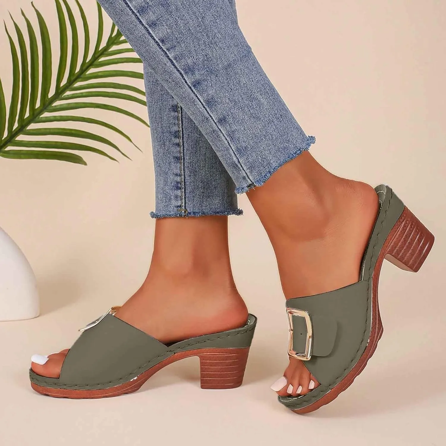 Women's Slide Heeled Sandals Opened Square Toe Chunky Block Heel Slippers with Buckle Slip on Long Womens Slippers
