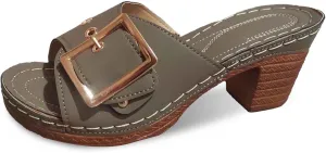 Women's Slide Heeled Sandals Opened Square Toe Chunky Block Heel Slippers with Buckle Slip on Long Womens Slippers