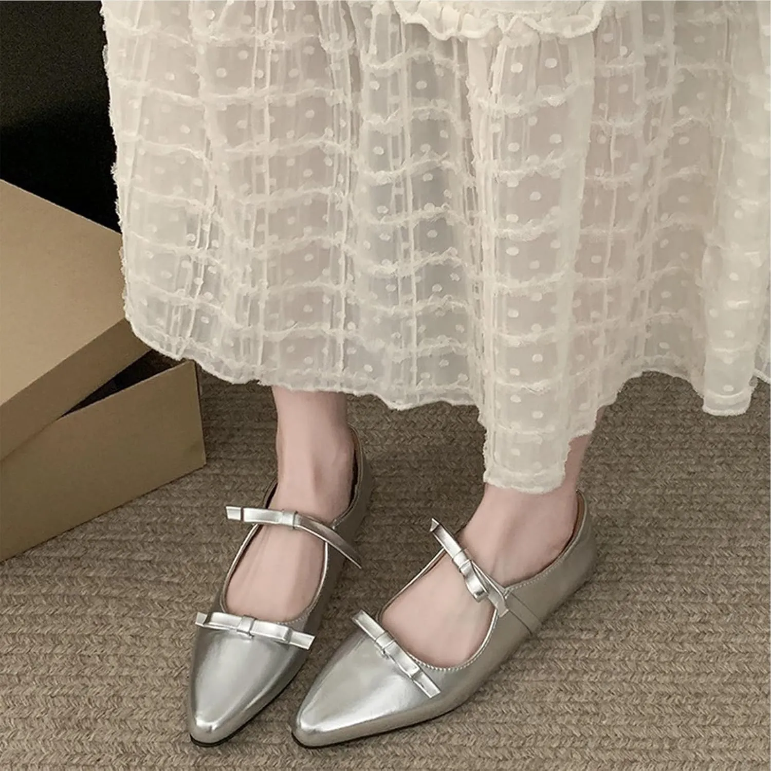Women's Soft Leather Flat Mary Janes with Cute Bow Ankle Strap Sexy Pointed Toe Slip-On Ballet Flats Fashion Comfortable Lightweight Casual Dress Shoes