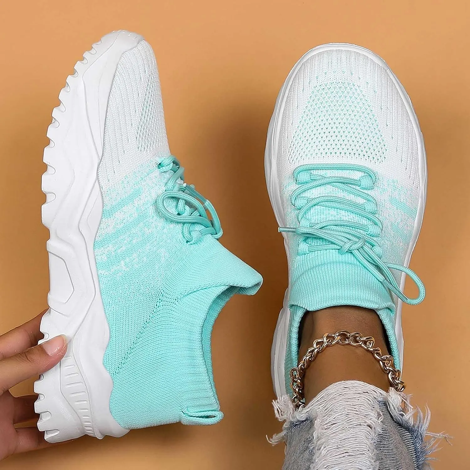 Women's Solid Color Fashion Four Season Lace Up Sneakers Solid Color Flying Woven Running Shoes Womens Rave Shoes