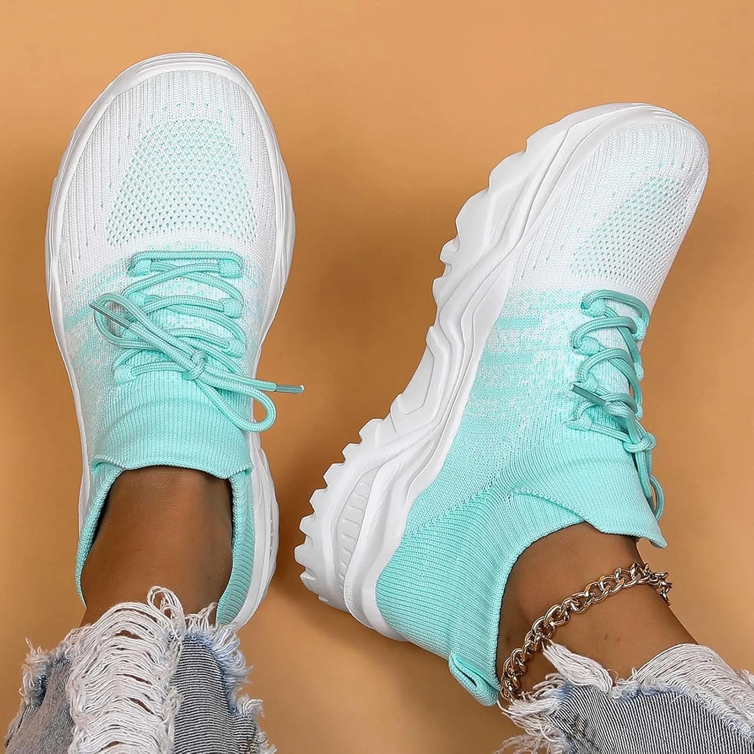 Women's Solid Color Fashion Four Season Lace Up Sneakers Solid Color Flying Woven Running Shoes Womens Rave Shoes