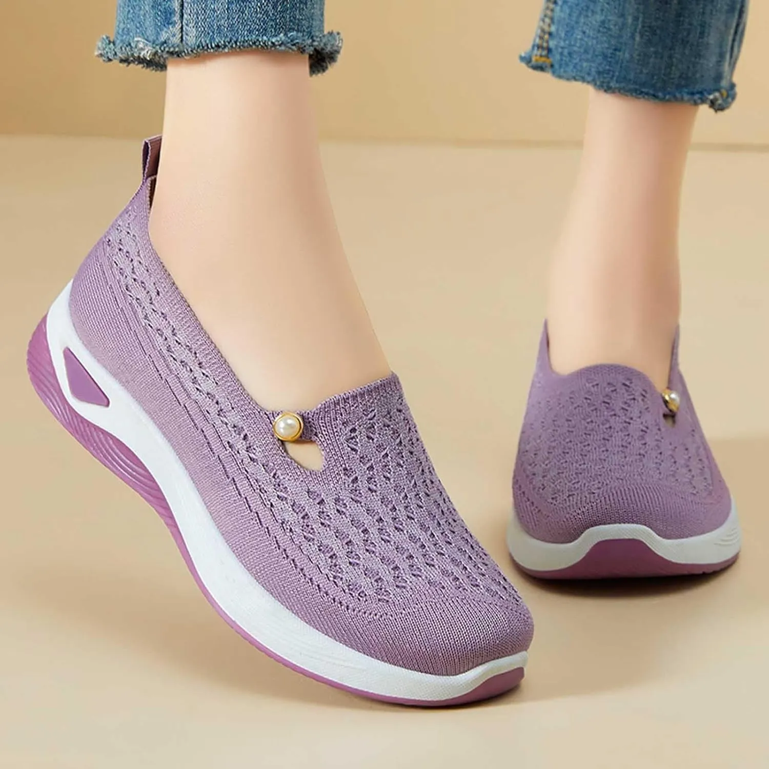 Women's Summer Fashion Net Breathable Casual Shoes Round Head Non Slip Slip On Casual Sports Shoes