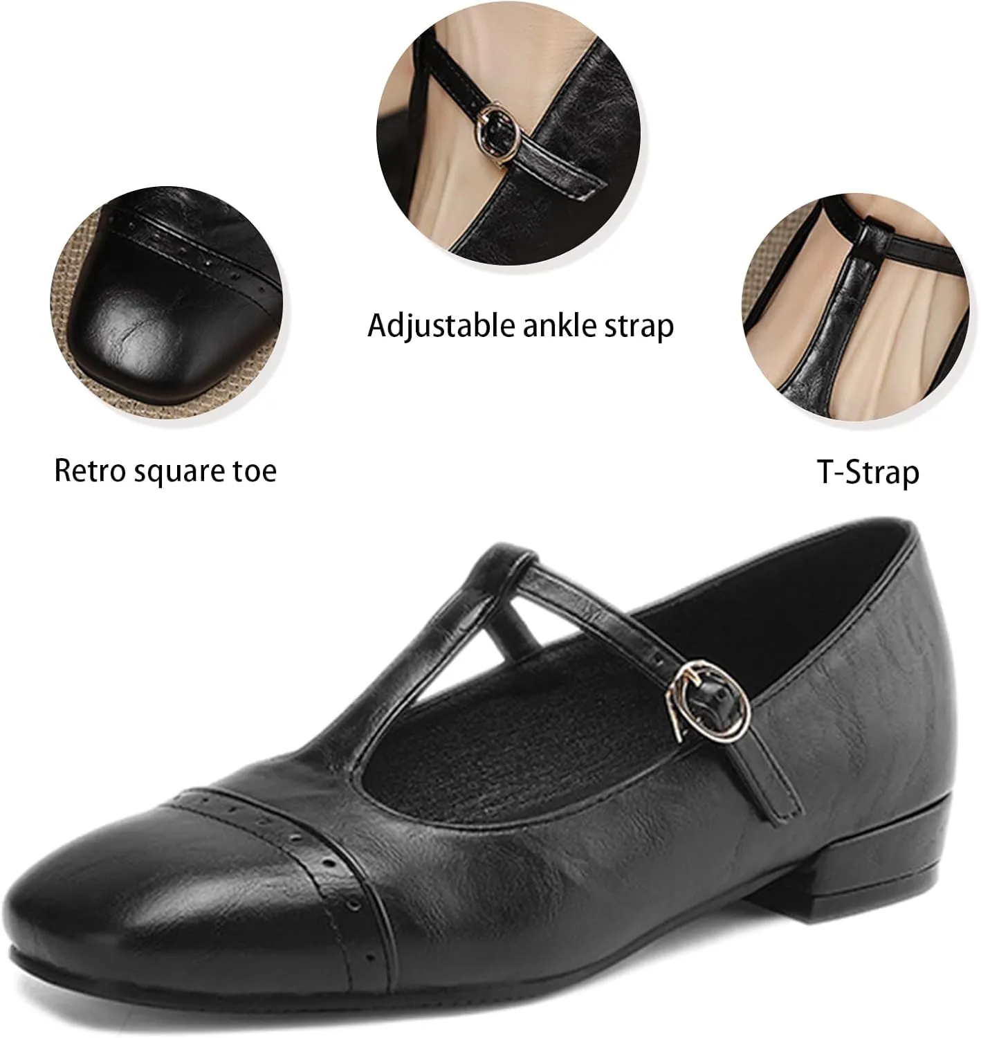 Women's T-Strap Square Toe Flat Mary Janes with Adjustable Ankle Strap Retro Gradient Leather Brogue Comfortable Soft Low Block Heel Slip On Ballerina Flats Prom Dress Casual Walking Shoes