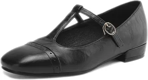 Women's T-Strap Square Toe Flat Mary Janes with Adjustable Ankle Strap Retro Gradient Leather Brogue Comfortable Soft Low Block Heel Slip On Ballerina Flats Prom Dress Casual Walking Shoes