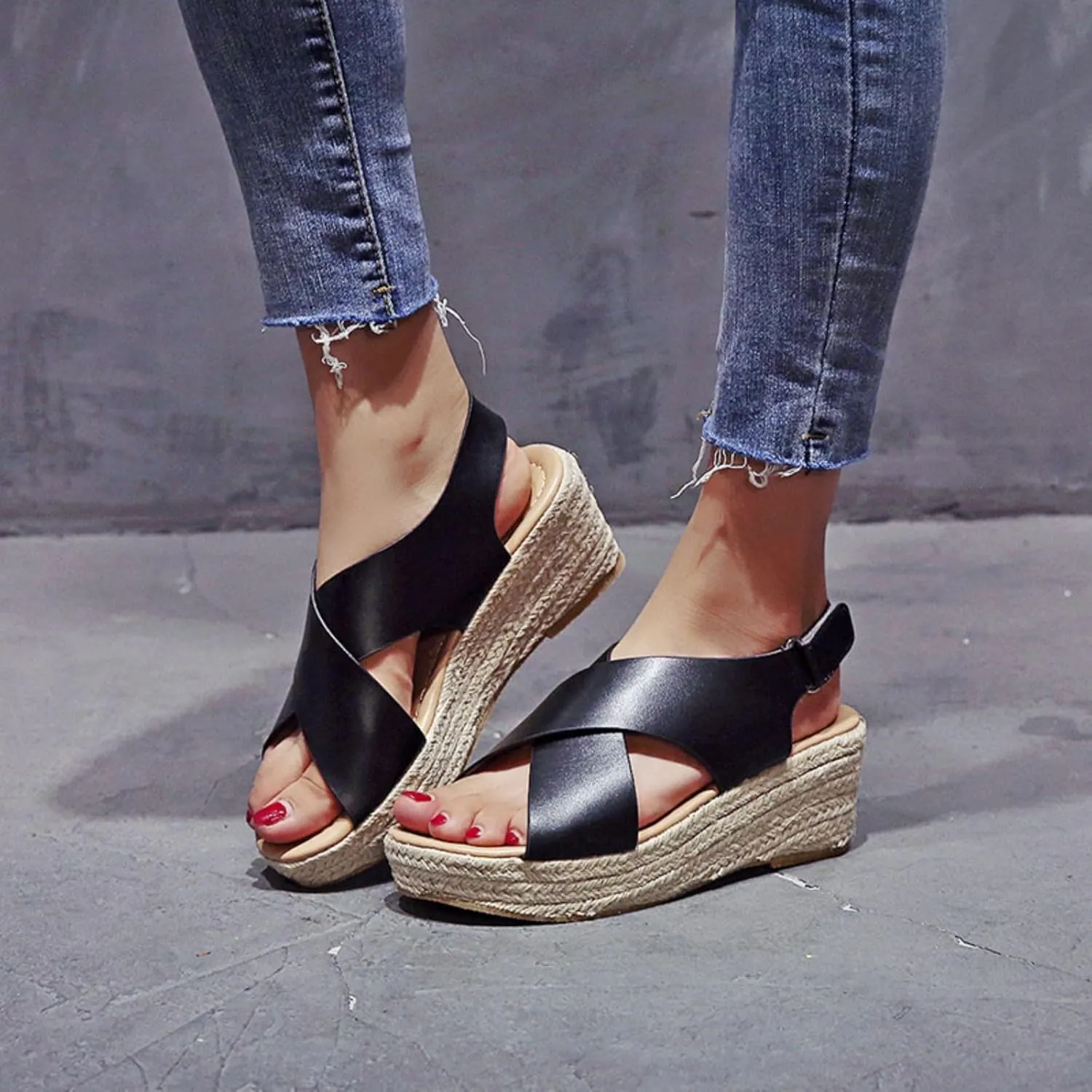Women's Wedge Sandals Dressy Casual Open Toe Sandals Espadrilles Platform Comfortable Sandal Ankle Strap Buckle Outdoor Shoes Suitable for Work Beach Summer Shoes