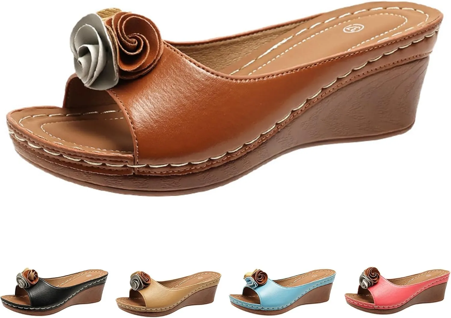 Womens Wedge Sandals Orthopedic Arch Support Slippers Fish Mouth Open Toe Mid Heel Platform Sandals Comfortable Vegan Leather Flower Sandal Dressy Casual Beach Slides