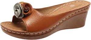 Womens Wedge Sandals Orthopedic Arch Support Slippers Fish Mouth Open Toe Mid Heel Platform Sandals Comfortable Vegan Leather Flower Sandal Dressy Casual Beach Slides