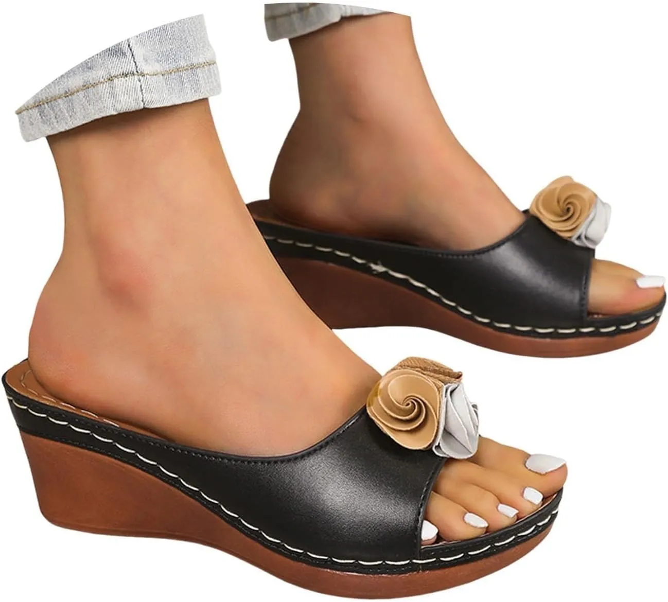Womens Wedge Sandals Orthopedic Arch Support Slippers Fish Mouth Open Toe Mid Heel Platform Sandals Comfortable Vegan Leather Flower Sandal Dressy Casual Beach Slides