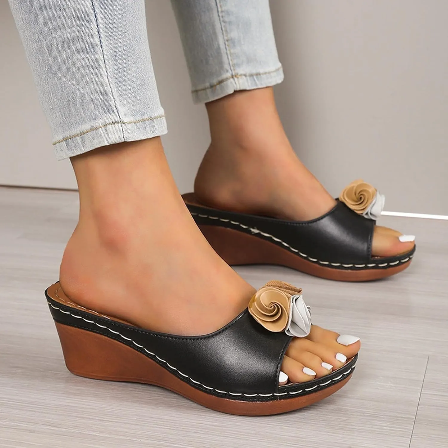Womens Wedge Sandals Orthopedic Arch Support Slippers Fish Mouth Open Toe Mid Heel Platform Sandals Comfortable Vegan Leather Flower Sandal Dressy Casual Beach Slides