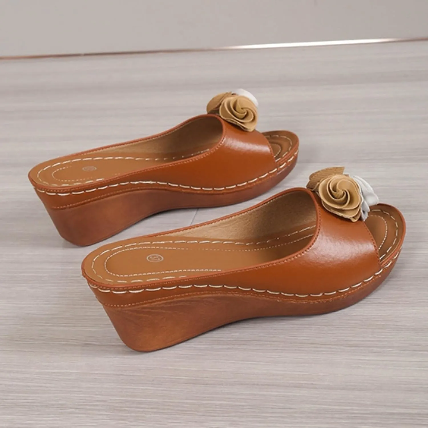 Womens Wedge Sandals Orthopedic Arch Support Slippers Fish Mouth Open Toe Mid Heel Platform Sandals Comfortable Vegan Leather Flower Sandal Dressy Casual Beach Slides