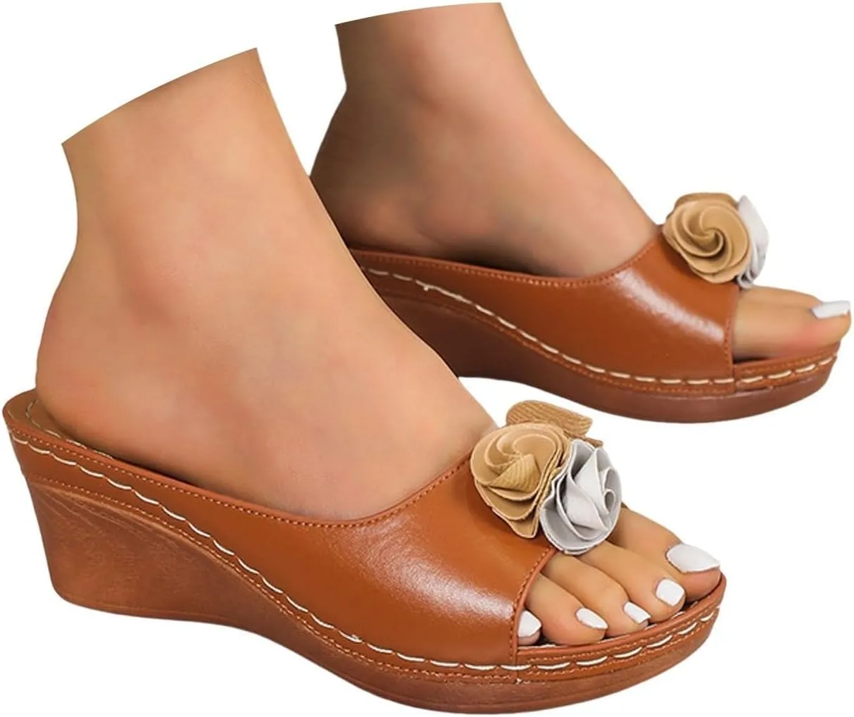Womens Wedge Sandals Orthopedic Arch Support Slippers Fish Mouth Open Toe Mid Heel Platform Sandals Comfortable Vegan Leather Flower Sandal Dressy Casual Beach Slides