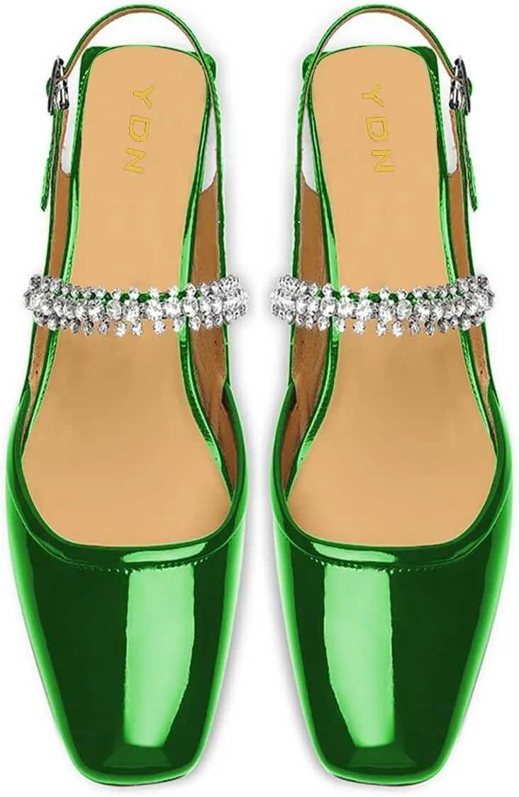 YDN Women Square Toe Rhinestone Sandals Block Low Heel Slingbacks Heeled Mary Janes Dressy Fashion Shoes Size 4-15 US