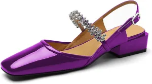 YDN Women Square Toe Rhinestone Sandals Block Low Heel Slingbacks Heeled Mary Janes Dressy Fashion Shoes Size 4-15 US
