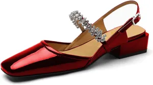 YDN Women Square Toe Rhinestone Sandals Block Low Heel Slingbacks Heeled Mary Janes Dressy Fashion Shoes Size 4-15 US