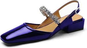 YDN Women Square Toe Rhinestone Sandals Block Low Heel Slingbacks Heeled Mary Janes Dressy Fashion Shoes Size 4-15 US